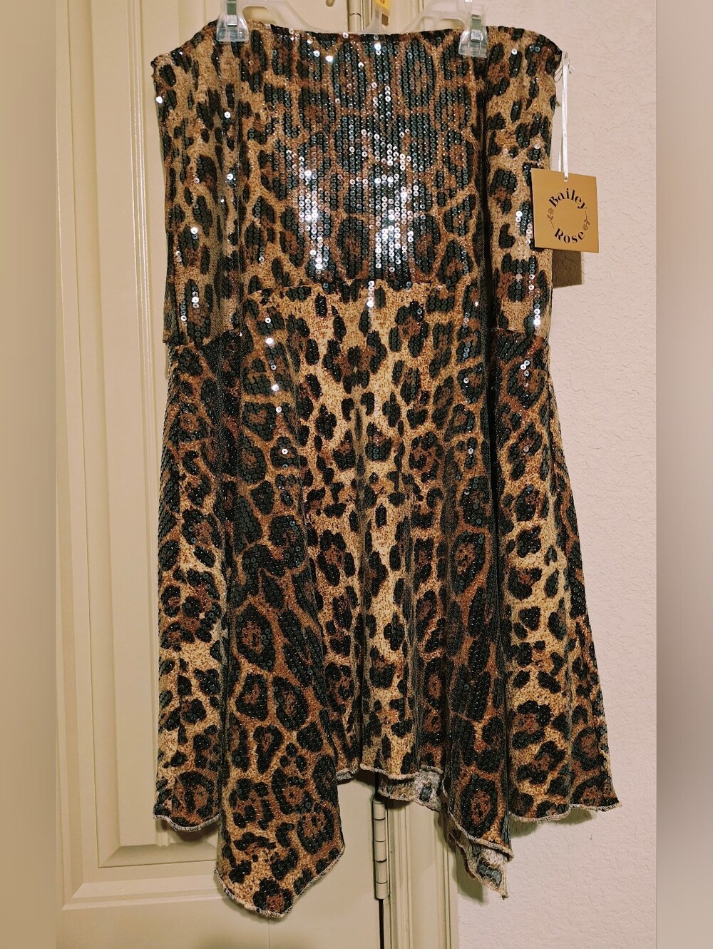 NWT Bailey Rose 🌹 Leopard Sequin Midi Skirt Size L Animal Print Asymmetric